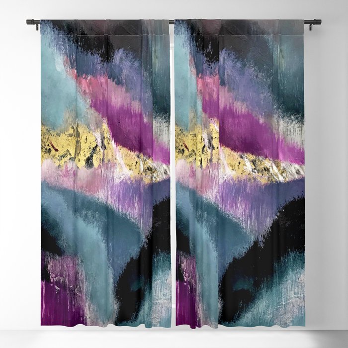 Gemini: a vibrant, colorful abstract piece in gold, purple, blue, black, and white Blackout Curtain