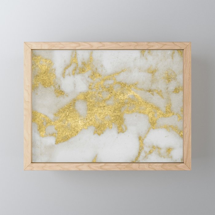 Marble - Yellow Gold Marble Foil on White Pattern Framed Mini Art Print