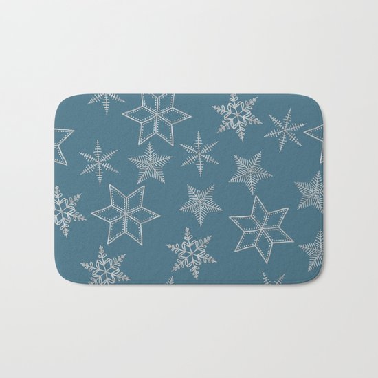Silver Snowfakes On Teal Background Bath Mat