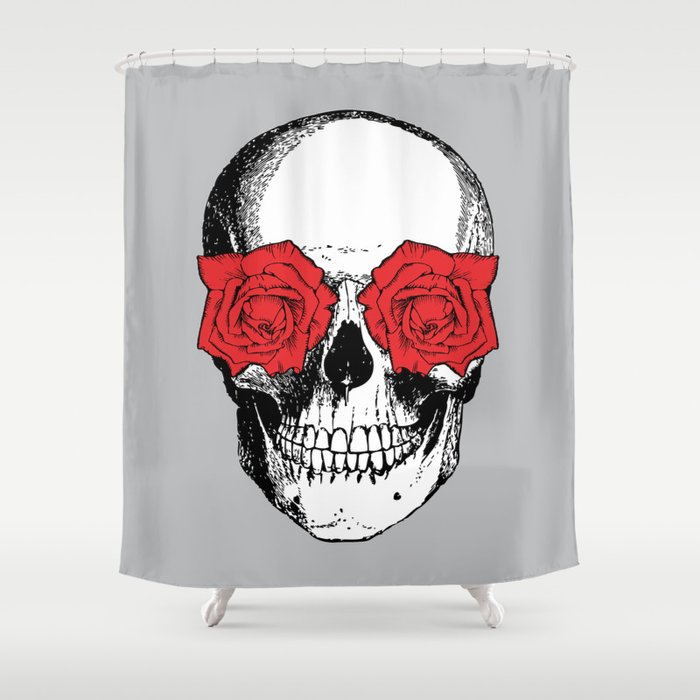 Skull and Roses | Skull and Flowers | Vintage Skull | Grey and Red | Shower Curtain