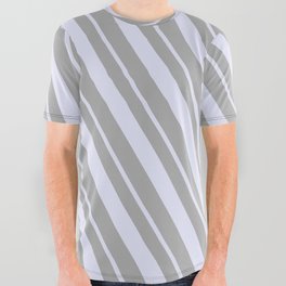 [ Thumbnail: Dark Grey and Lavender Colored Stripes/Lines Pattern All Over Graphic Tee ]