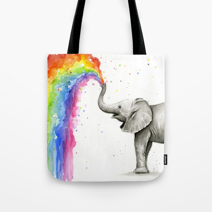 Baby Elephant Spraying Rainbow Tote Bag by Olechka | Society6