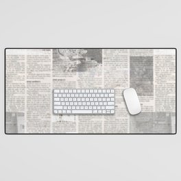 Newspaper with old unreadable text. Vintage grunge blurred paper news texture horizontal background. Textured page. Gray collage. Front top view. Desk Mat