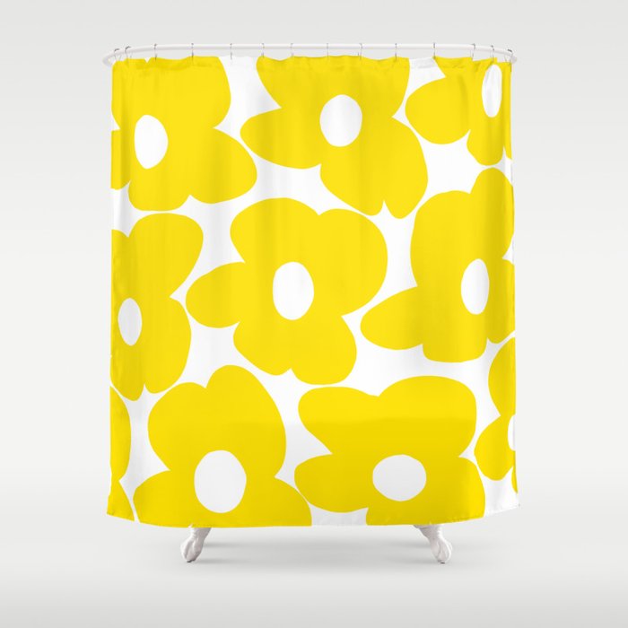 Large Yellow Retro Flowers on White Background #decor #society6 #buyart Shower Curtain