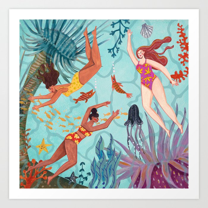 Swimming Girls in the Sea Art Print