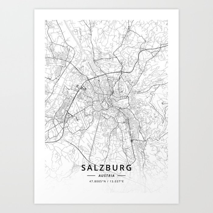Salzburg Austria Light Map Art Print By Designermapart Society6