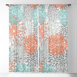Orange and Teal Floral Abstract Print Sheer Curtain
