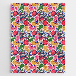 Modern Colorful Whimsical Cute Botanical Flower Bird Pattern Jigsaw Puzzle
