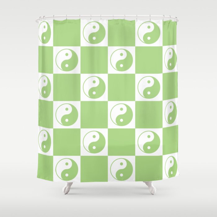 Yin Yang Checker in Green and White Shower Curtain