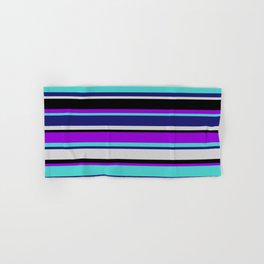 [ Thumbnail: Colorful Dark Violet, Turquoise, Midnight Blue, Light Gray & Black Colored Striped/Lined Pattern Hand & Bath Towel ]
