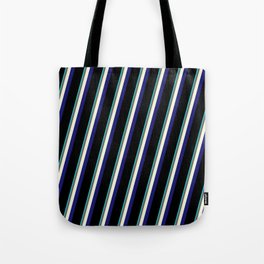 [ Thumbnail: Eye-catching Aqua, Dim Gray, Beige, Midnight Blue & Black Colored Stripes Pattern Tote Bag ]