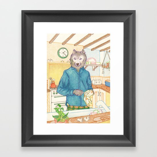 Everyday Animals - Mr Wolf washes the dishes Framed Art Print
