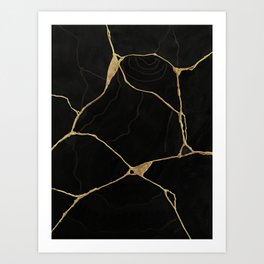 Black Kintsugi Japanese Broken Art, Japandi Style, Gold Cracks Art Print