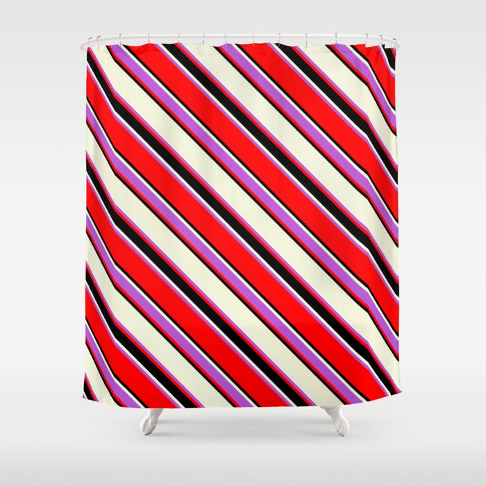 Beige, Orchid, Red & Black Colored Striped/Lined Pattern Shower Curtain