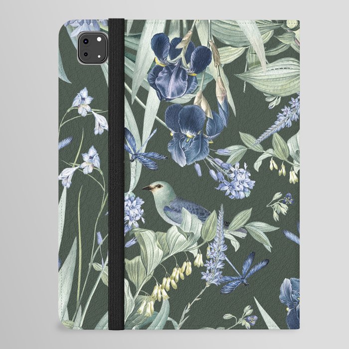 Exotic Wildlife Floral Garden on Dark Green iPad Folio Case