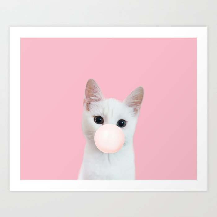 Bubble gum cat in pink Art Print
