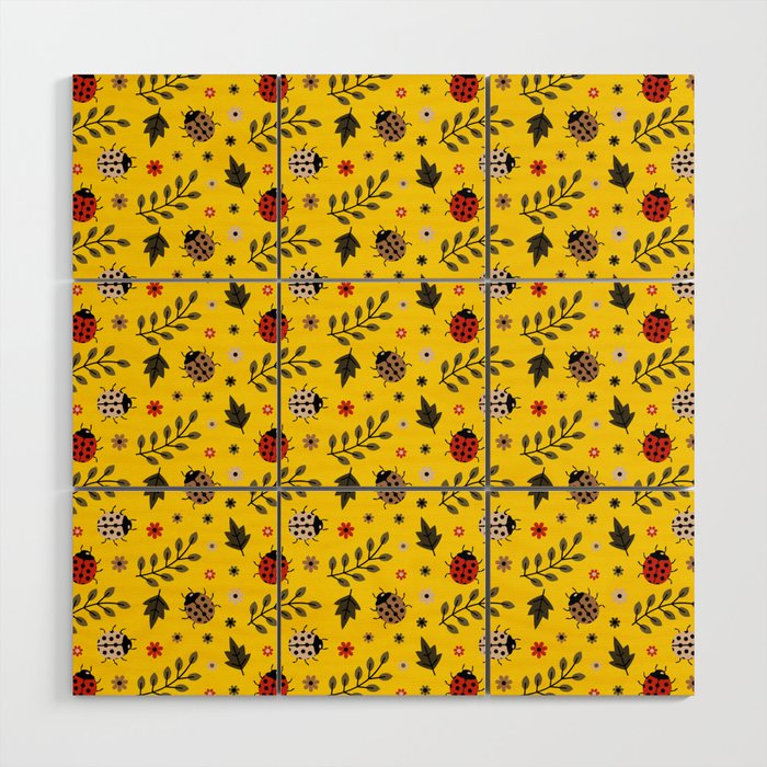 Ladybug and Floral Seamless Pattern on Yellow Background Wood Wall Art