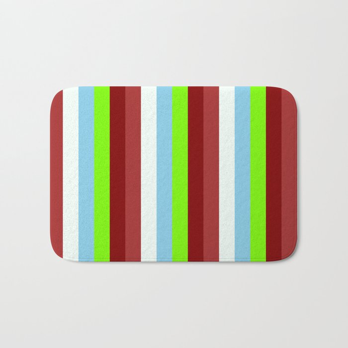 Colorful Brown, Mint Cream, Sky Blue, Green, and Maroon Colored Stripes/Lines Pattern Bath Mat