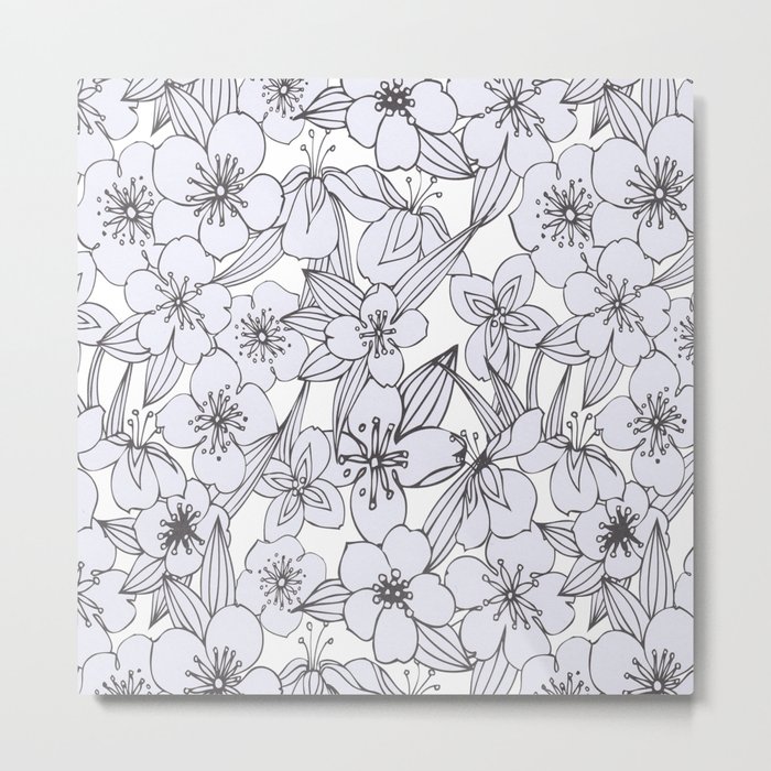 Hand drawn modern black white botanical floral pattern Metal Print