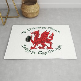 The Red Dragon Inspires Action Green Text Rug | Welsh, Wales, Tournament, Cadwallader, Ydrraigdich, Graphicdesign, Rugbyplayer, Dragon, Welshrugbyunion, Symbol 