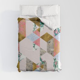 Geometry of Love Blush Marble Painting, Abstract Colorful Gold Pastel Shapes Collage Graphic Design Duvet Cover
