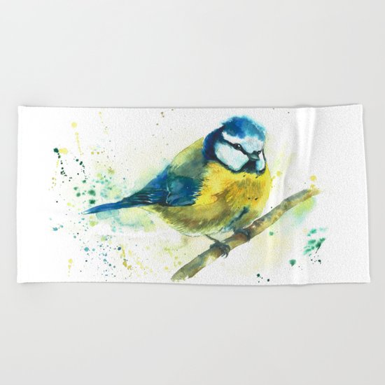 Watercolor titmouse bird Beach Towel