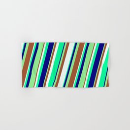 [ Thumbnail: Eye-catching Light Green, Sienna, Mint Cream, Green, and Blue Colored Stripes/Lines Pattern Hand & Bath Towel ]