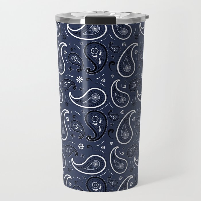Black and White Paisley Pattern on Navy Blue  Background Travel Mug
