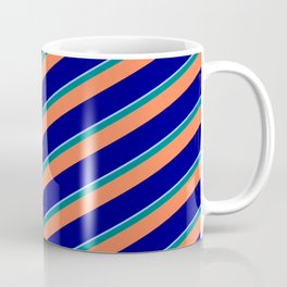 [ Thumbnail: Light Sky Blue, Teal, Coral, and Blue Colored Stripes Pattern Coffee Mug ]