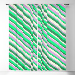 [ Thumbnail: Beige, Plum, Green, and Sea Green Colored Striped Pattern Blackout Curtain ]