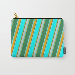 [ Thumbnail: Cyan, Orange, Sea Green, and Light Grey Colored Lined Pattern Carry-All Pouch ]