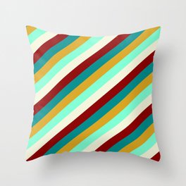 [ Thumbnail: Eye-catching Dark Cyan, Goldenrod, Aquamarine, Beige, and Dark Red Colored Lined Pattern Throw Pillow ]