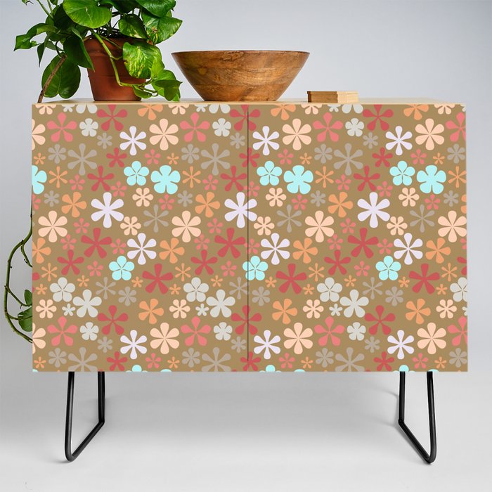 brown and powder blue floral eclectic daisy print ditsy florets Credenza