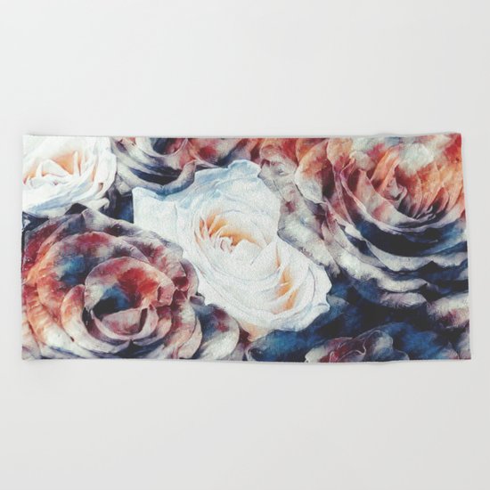 Roses print in retro drawing style watercolor digital Beach Towel