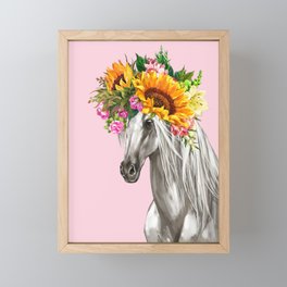 Sunflower Crown White Horse in Pink Framed Mini Art Print