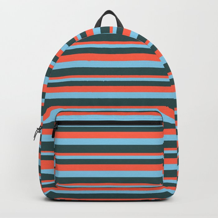 Red, Sky Blue, and Dark Slate Gray Colored Pattern of Stripes Backpack