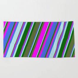 [ Thumbnail: Colorful Dark Olive Green, Fuchsia, Royal Blue, Powder Blue, and Dark Green Colored Lines Pattern Beach Towel ]