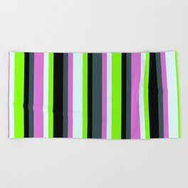 [ Thumbnail: Dark Slate Gray, Orchid, Light Cyan, Chartreuse & Black Colored Lines/Stripes Pattern Beach Towel ]