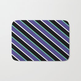 [ Thumbnail: Aquamarine, Dark Slate Blue, White, and Black Colored Striped/Lined Pattern Bath Mat ]