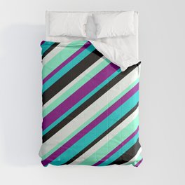[ Thumbnail: Colorful Aquamarine, Purple, Dark Turquoise, Black & Mint Cream Colored Lines/Stripes Pattern Comforter ]