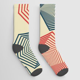 Mid-Century Modern Hexagonal Shapes Pattern - Red and Blue Socks