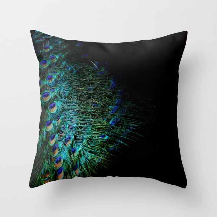 Peacock feathers on a black background Throw Pillow
