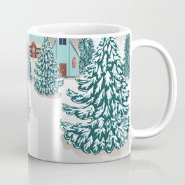 Rural winter landscape with houses, mountain and cute groundhog Coffee Mug