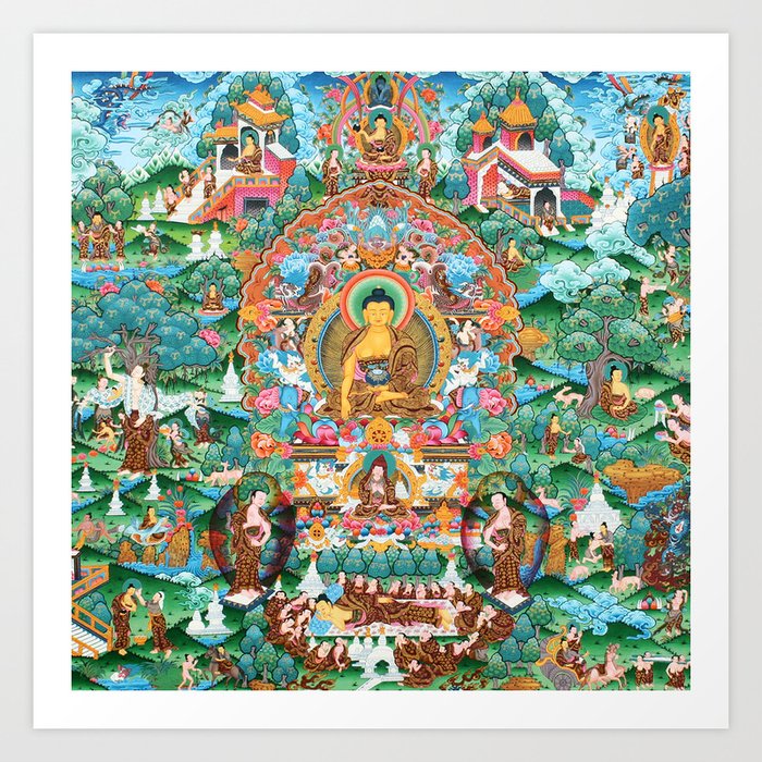 Turquoise Life Of Buddha Thangka Art Print