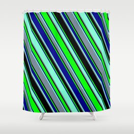 [ Thumbnail: Colorful Black, Lime, Dark Blue, Aquamarine, and Light Slate Gray Colored Lined Pattern Shower Curtain ]