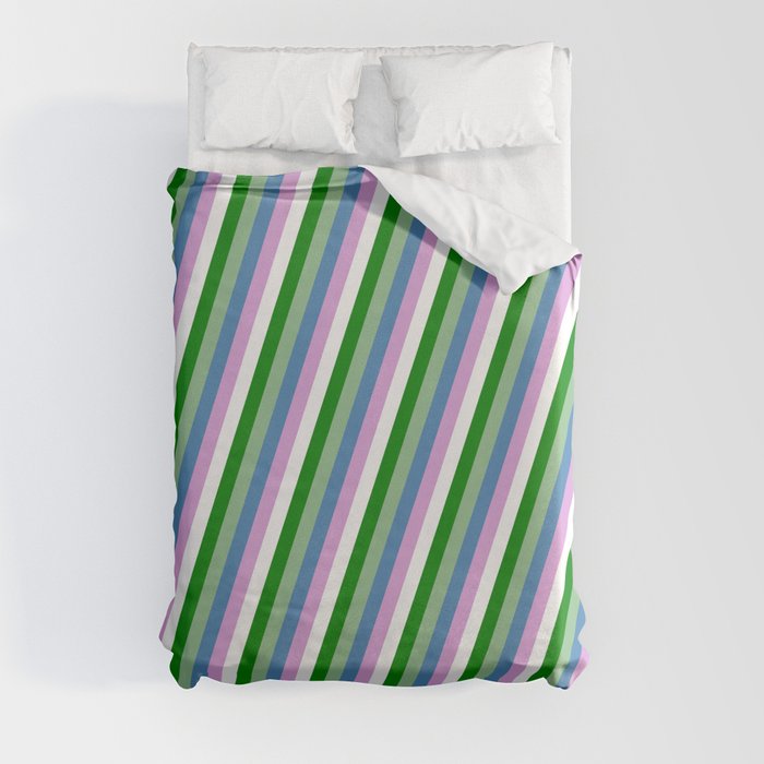 Green, Dark Sea Green, Blue, Plum & White Colored Pattern of Stripes Duvet Cover