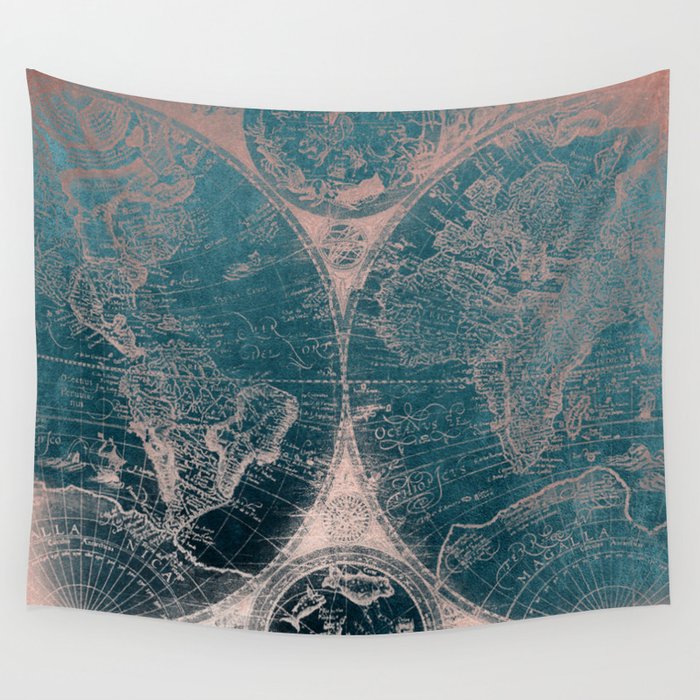 Antique Map Rose Gold Navy Blue Wall Tapestry