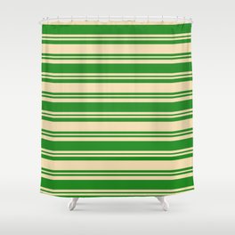 [ Thumbnail: Forest Green and Tan Colored Lined Pattern Shower Curtain ]