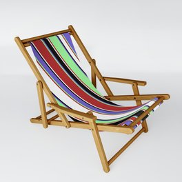 [ Thumbnail: Vibrant Green, Red, White, Black & Slate Blue Colored Lined Pattern Sling Chair ]