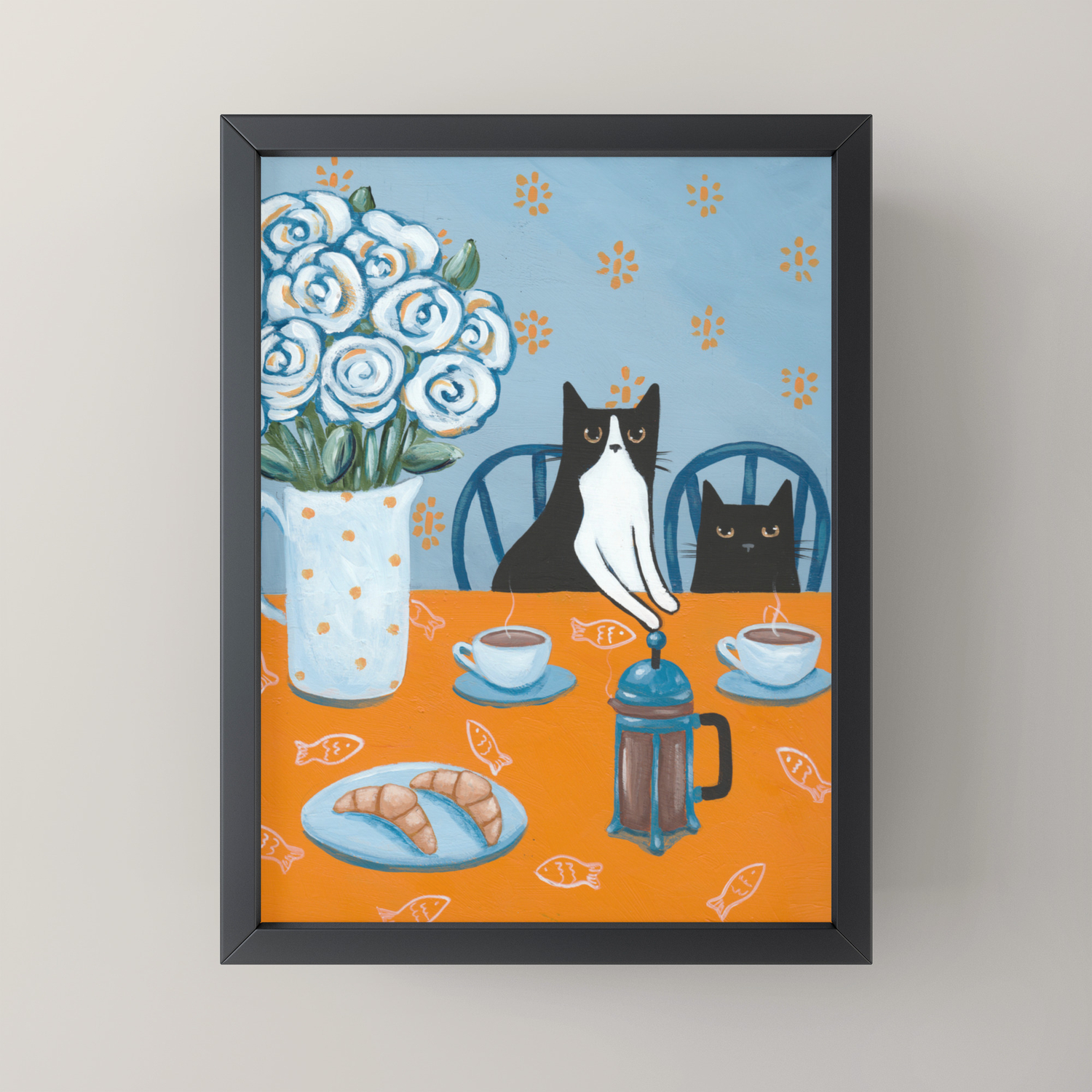 cats and a french press framed mini art print by kilkennycat